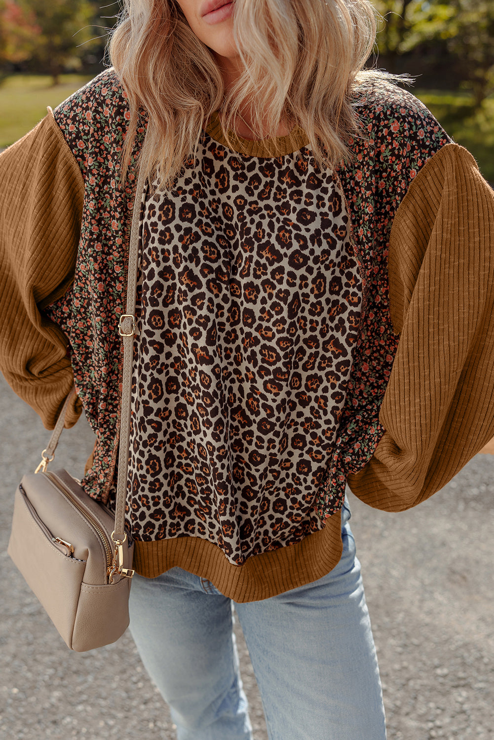 Brown Leopard Floral Print Ribbed Puff Sleeve Patchwork Loose Pullover 🇺🇸