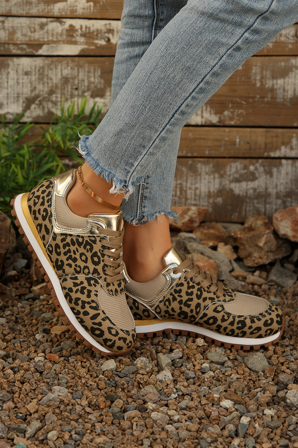 Coffee Leopard Faux Suede Mixed Patchwork Lace Up Sneakers 🇺🇸
