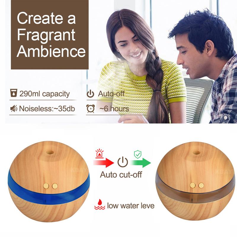KBAYBO USB Ultrasonic Humidifier 290ml Aroma Diffuser Essential Oil Diffuser Aromatherapy Mist Maker with LED Light Wood grain 🇨🇳