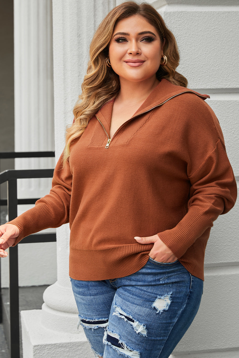Brown Solid Ribbed Trim Plus Size Zip Collar Sweater 🇺🇸