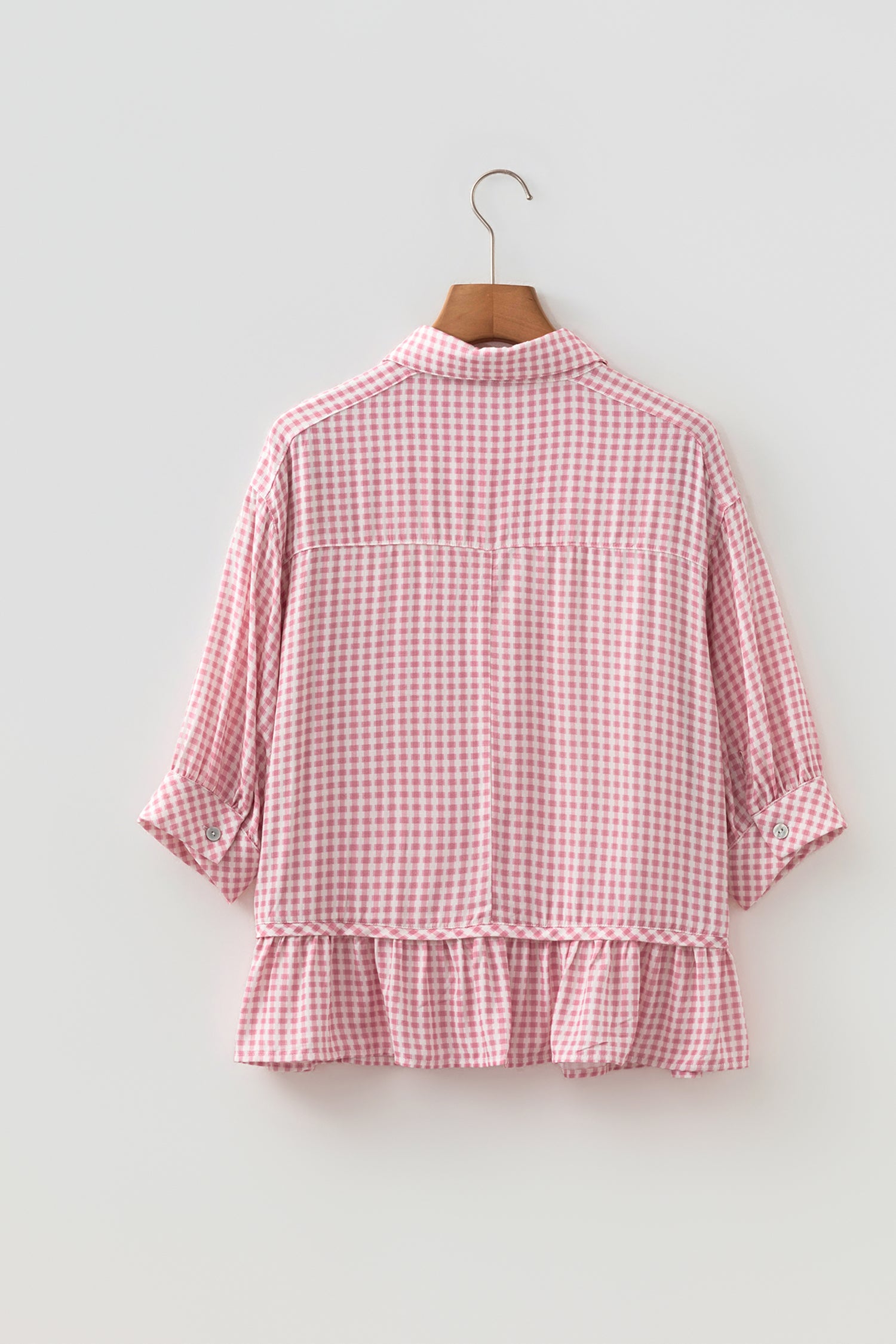 Pink Plaid Half Sleeve Ruffle Hem Button Down Shirt 🇺🇸