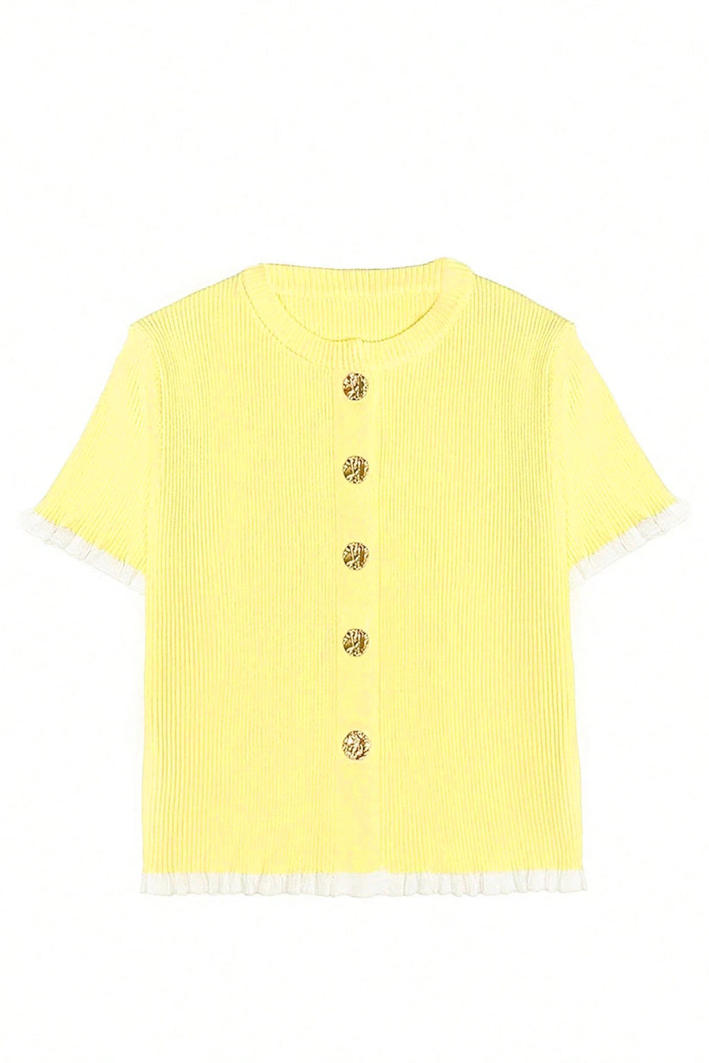 Yellow Cream Ribbed Knit Contrast Frilled Short Sleeve Sweater Cardigan 🇺🇸