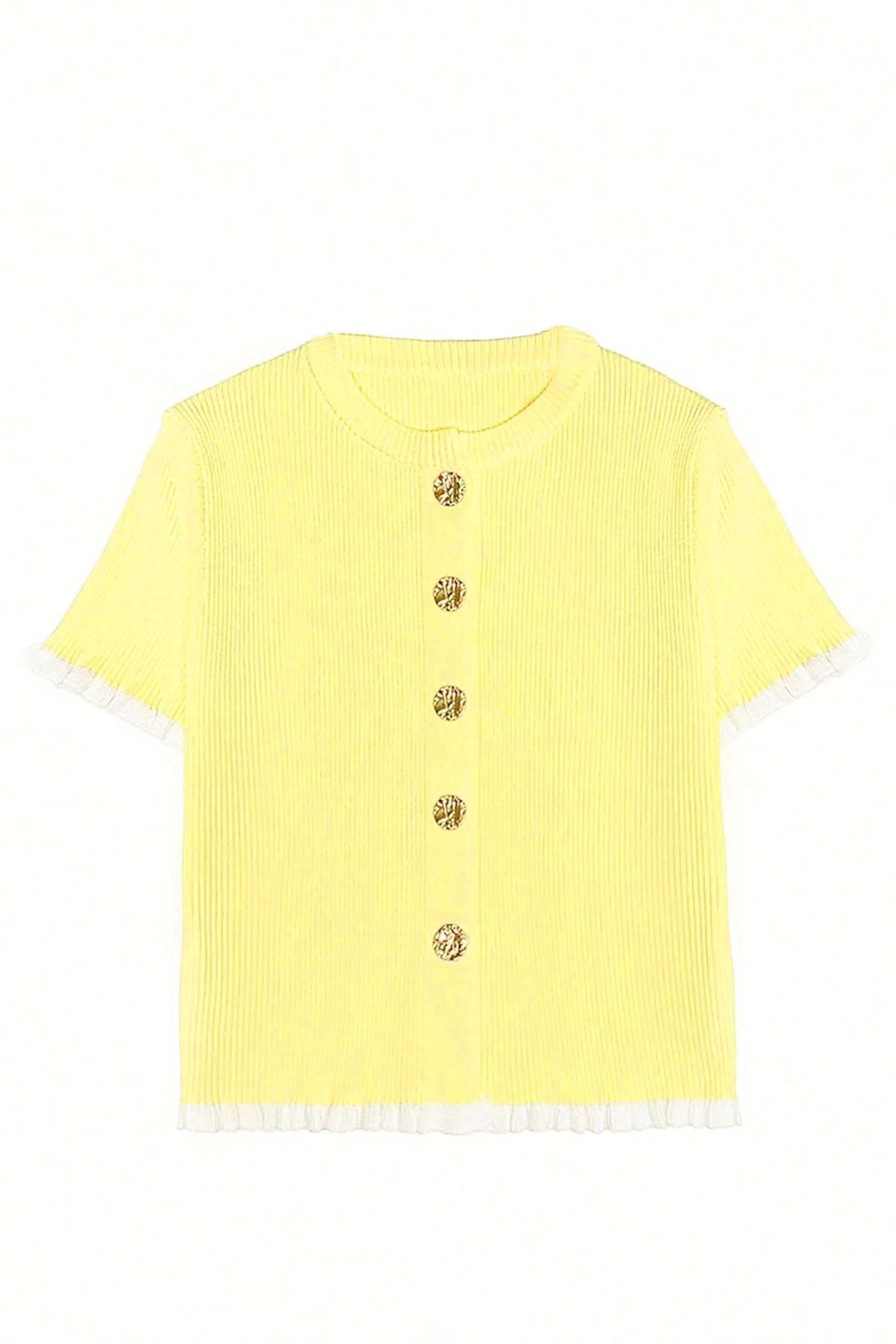 Yellow Cream Ribbed Knit Contrast Frilled Short Sleeve Sweater Cardigan 🇺🇸