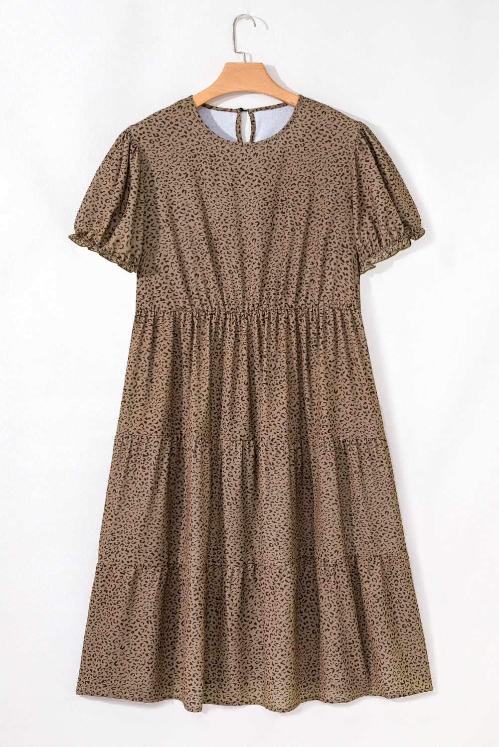 Brown Plus Size Leopard Print Frill Trim Short Sleeve Flared Dress 🇨🇳