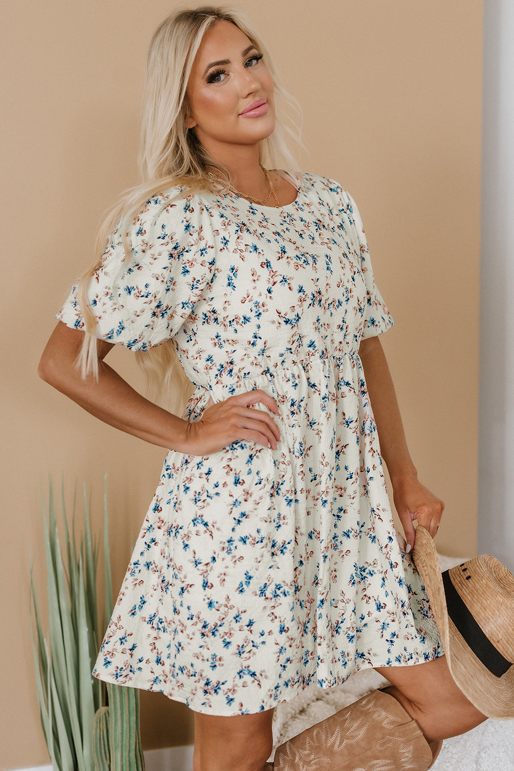 Beige Floral Puff Short Sleeve Empire Waist Mini Dress 🇺🇸