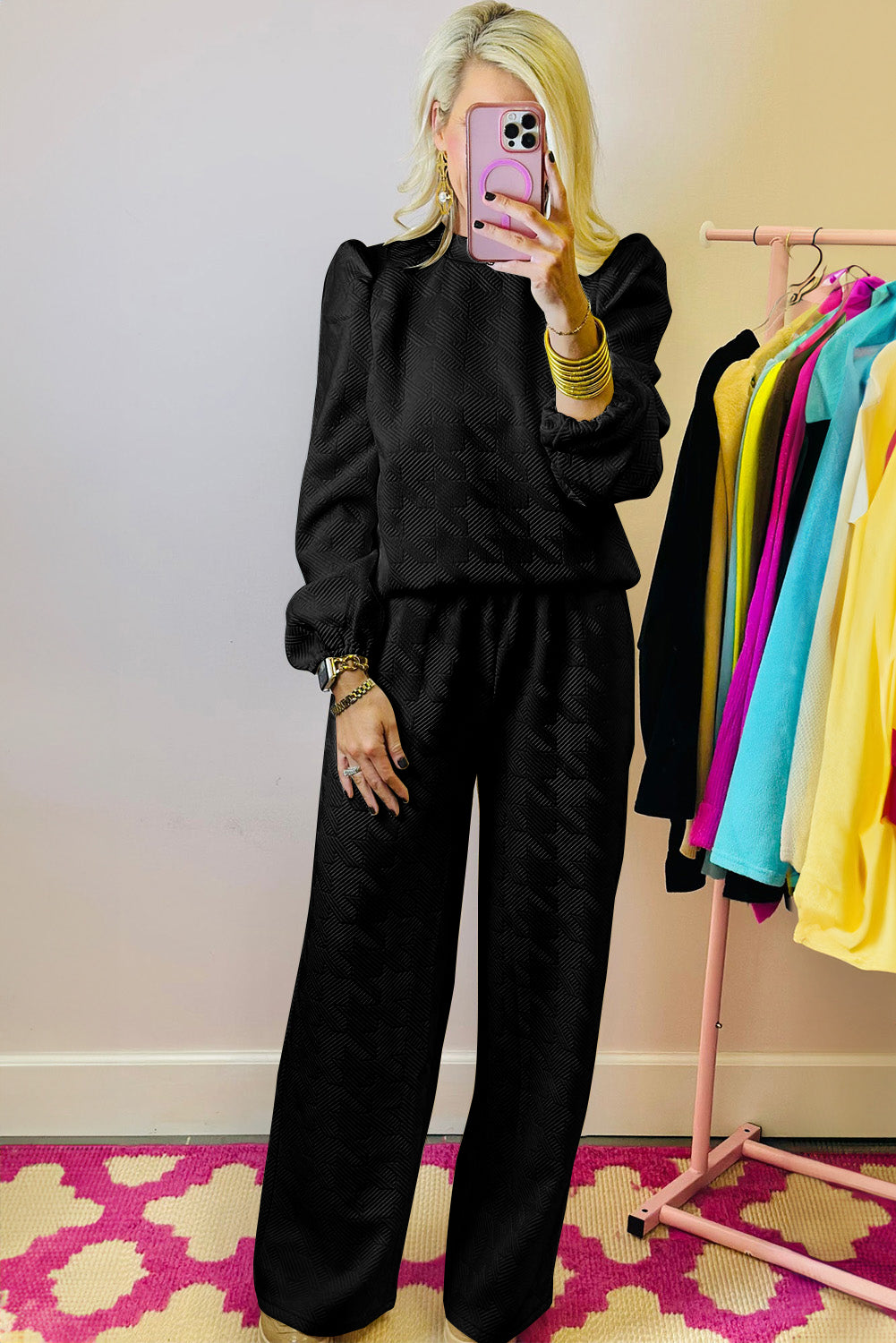Black Textured Puff Sleeve Top and Pants Set 🇺🇲