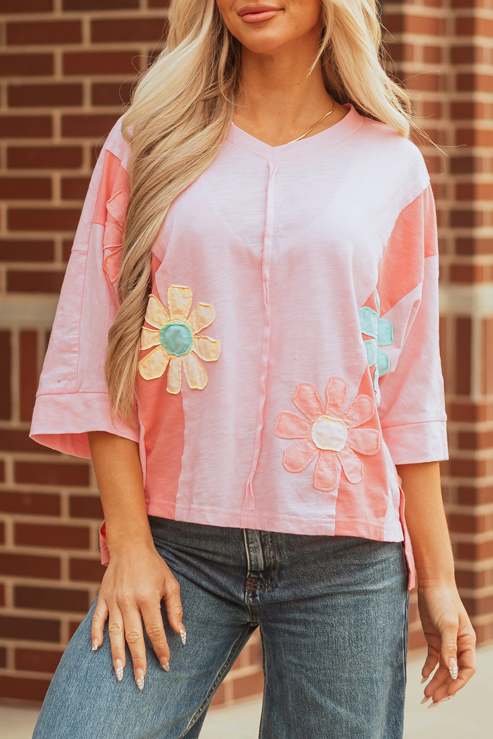 Pink Flower Patched Exposed Seam Bracelet Sleeve Oversized T Shirt 🇺🇲