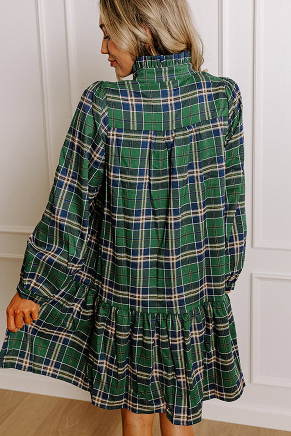 Green Plaid Print Frilly Collar Long Sleeve Shift Mini Dress 🇺🇸