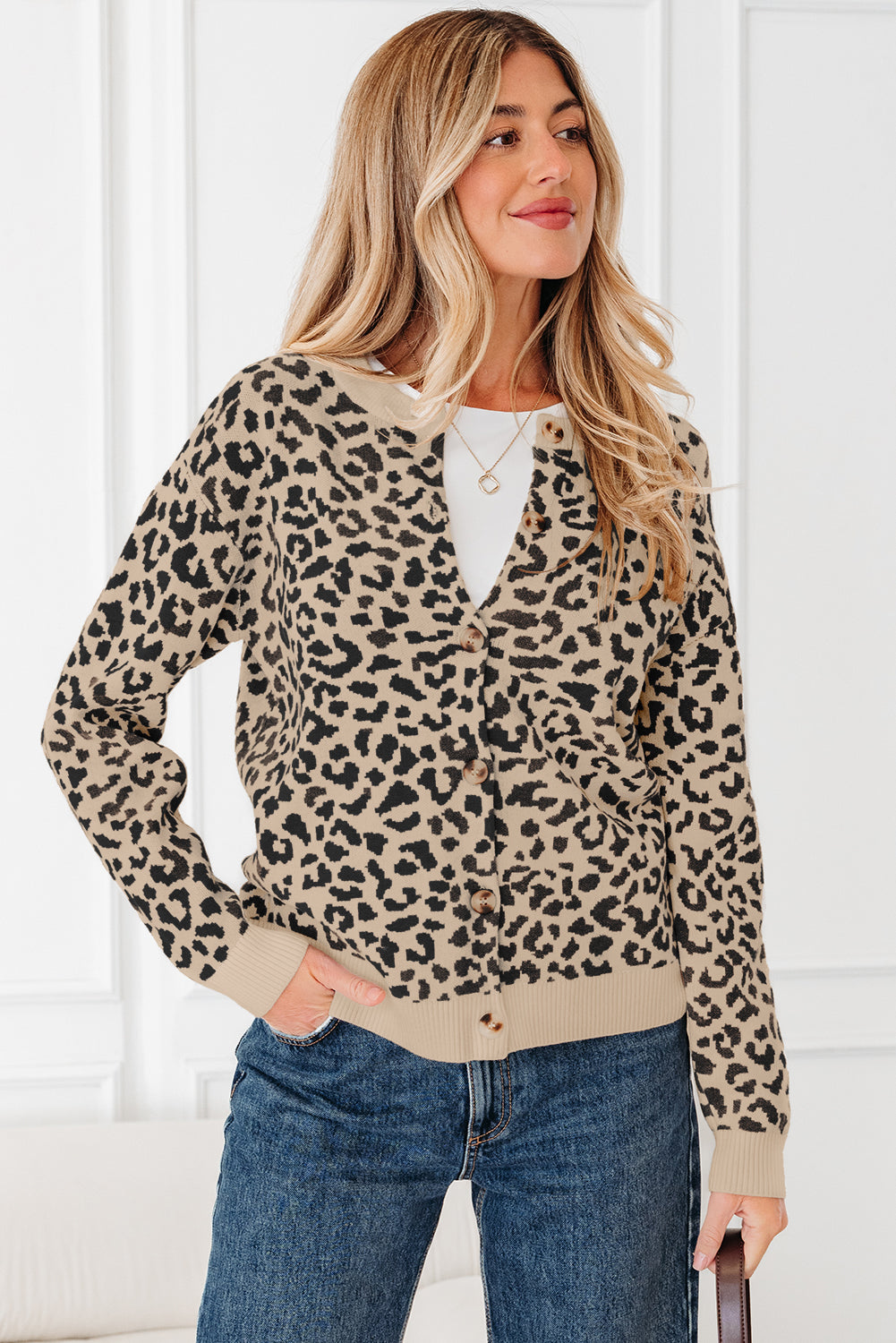 Black Leopard Drop Shoulder Chunky Knitted Cardigan Sweater 🇺🇸