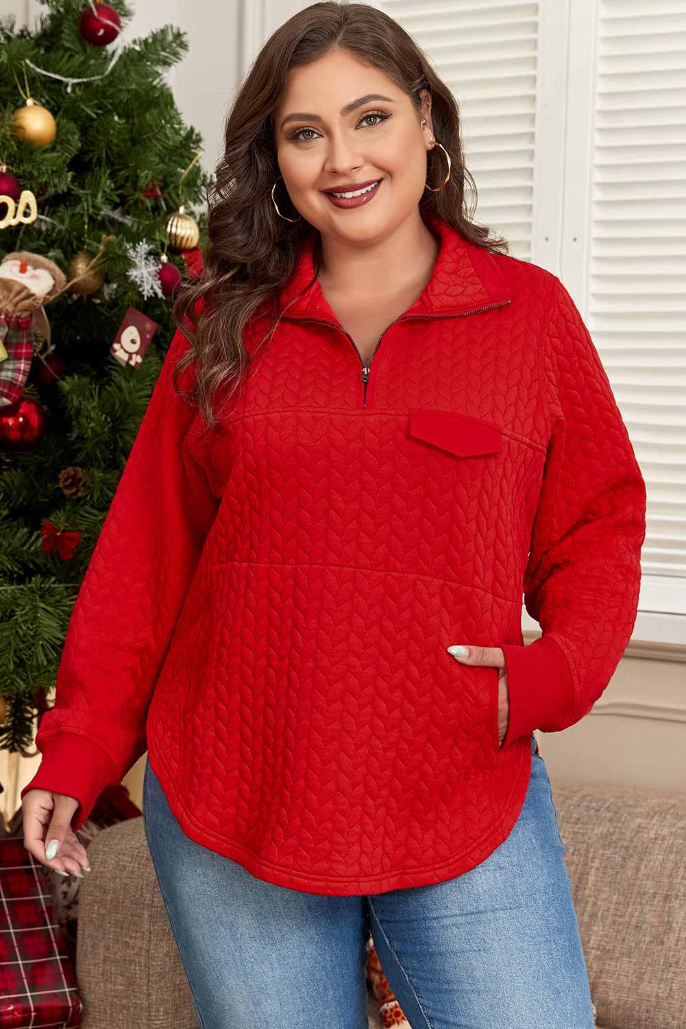 Tomato Red Cable Textured Quarter Zip Pocketed Plus Size Pullover 🇺🇸