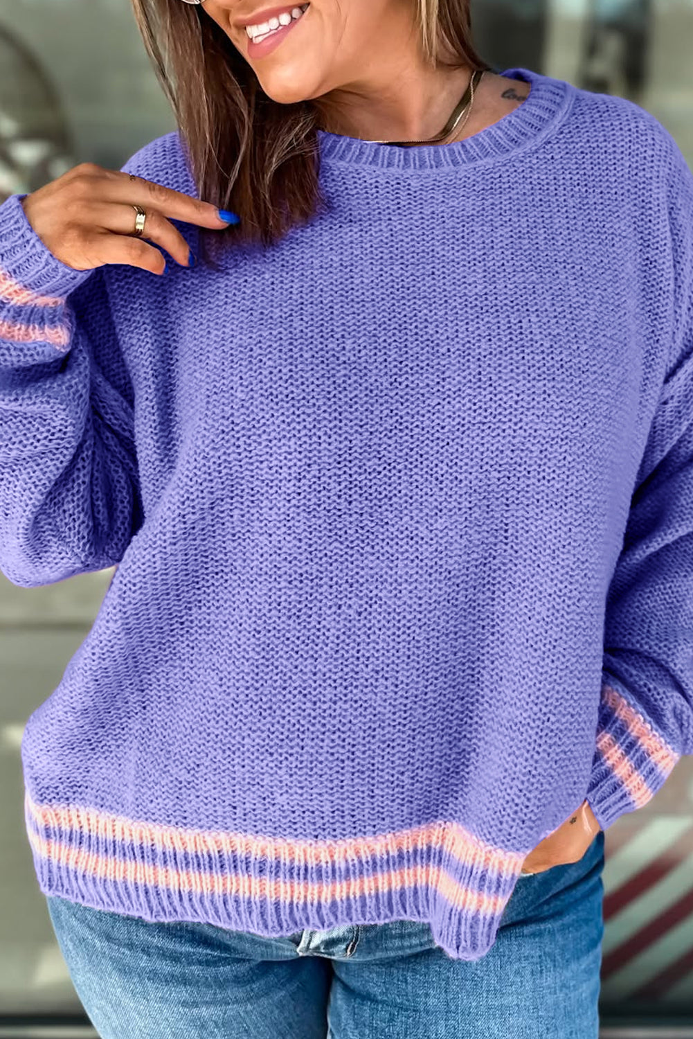 Wisteria Plus Size Striped Trim Drop Shoulder Knit Loose Sweater 🇺🇸