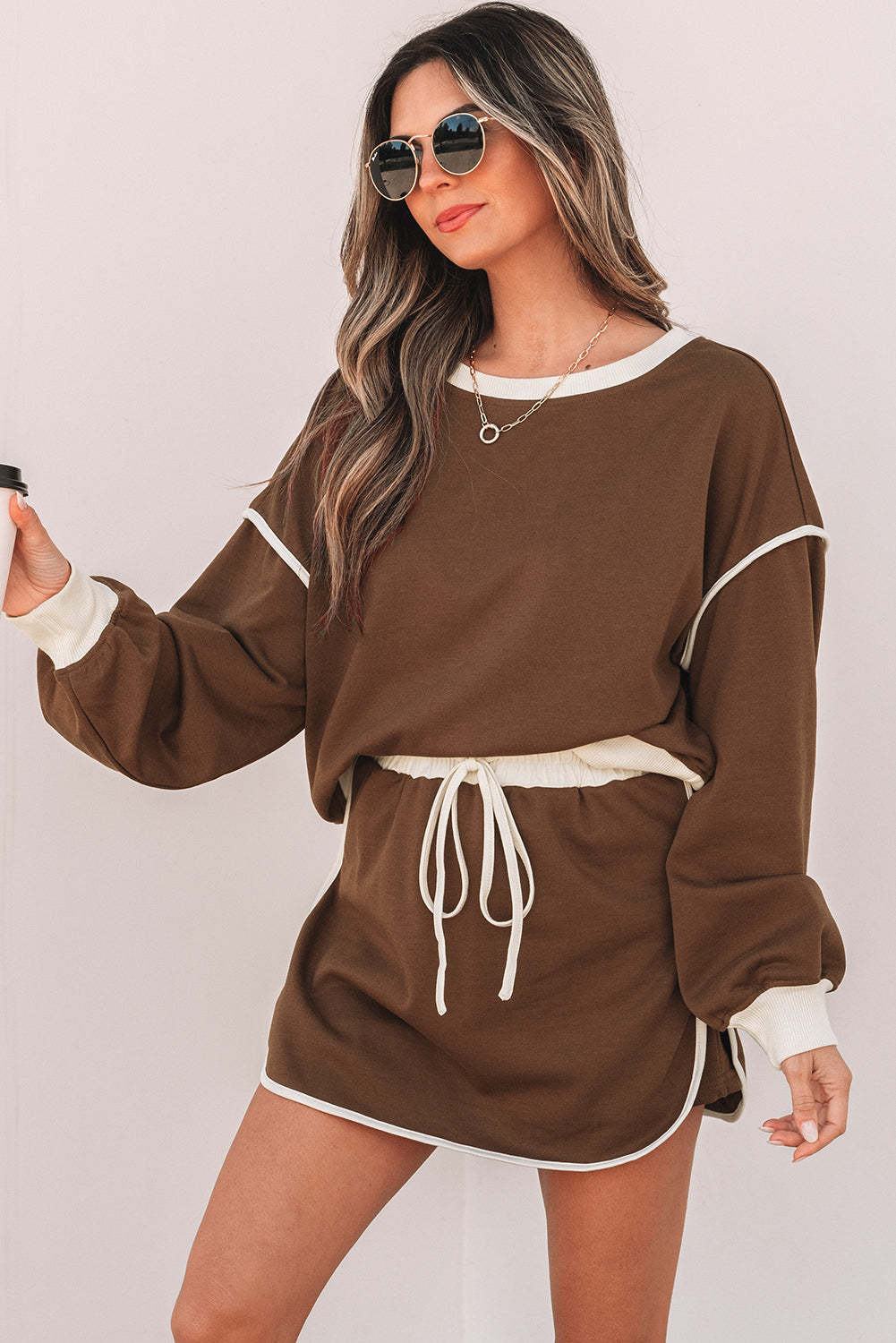 Coffee Color Contrast Loose Pullover and Lace-up Waist Skort Set 🇨🇳