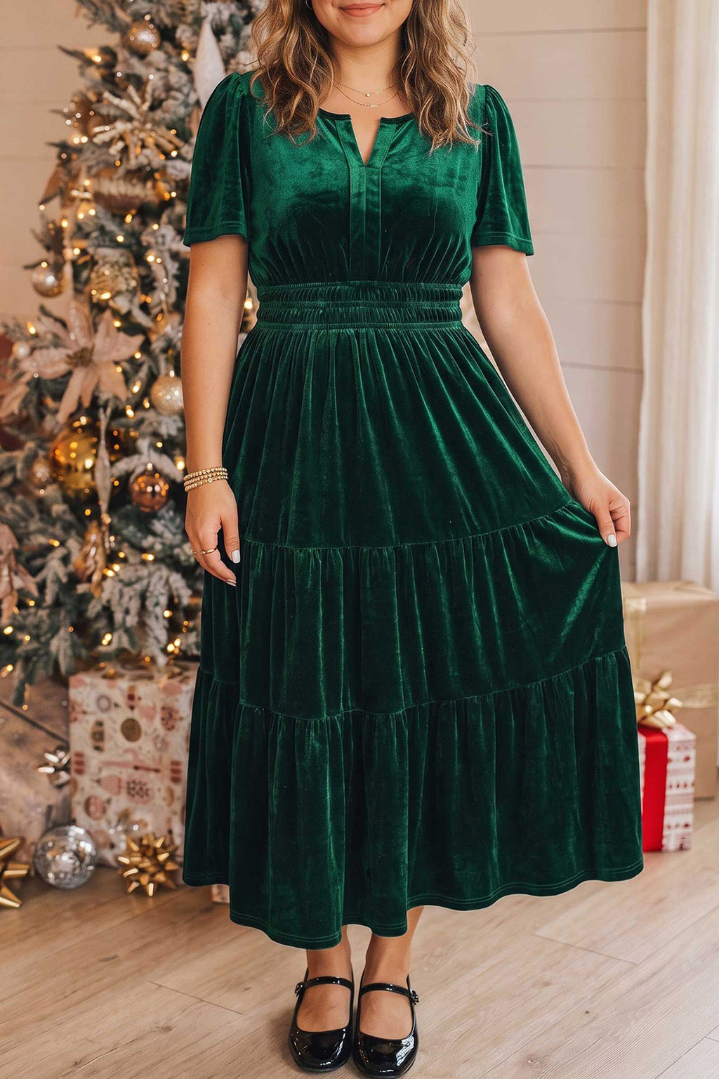 Blackish Green Velvet Short Sleeve Shirred Waist Tiered Plus Size Maxi Dress 🇺🇸