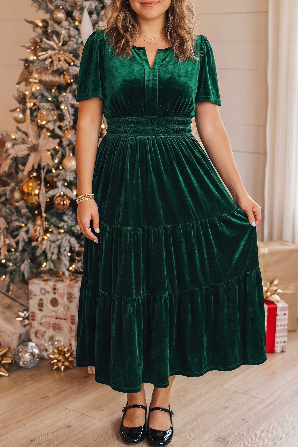 Blackish Green Velvet Short Sleeve Shirred Waist Tiered Plus Size Maxi Dress 🇺🇸