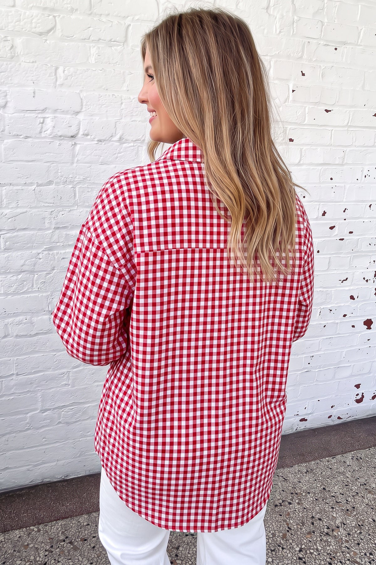 Red Plaid V Neck Long Sleeve Tunic Loose Fit Plus Size Shirt 🇺🇸
