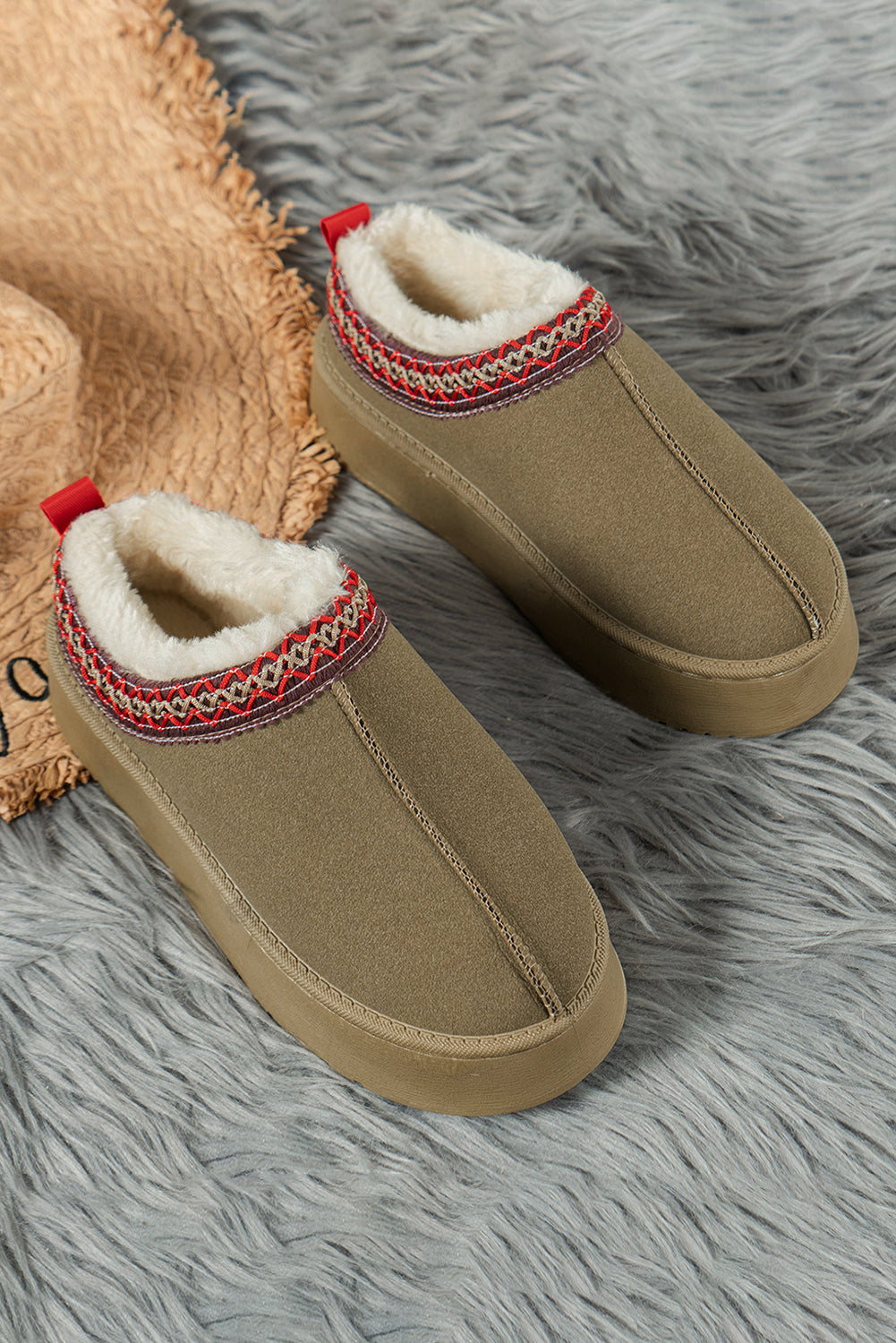 Sage Green Contrast Print Suede Plush Lined Boots/slippers 🇨🇳