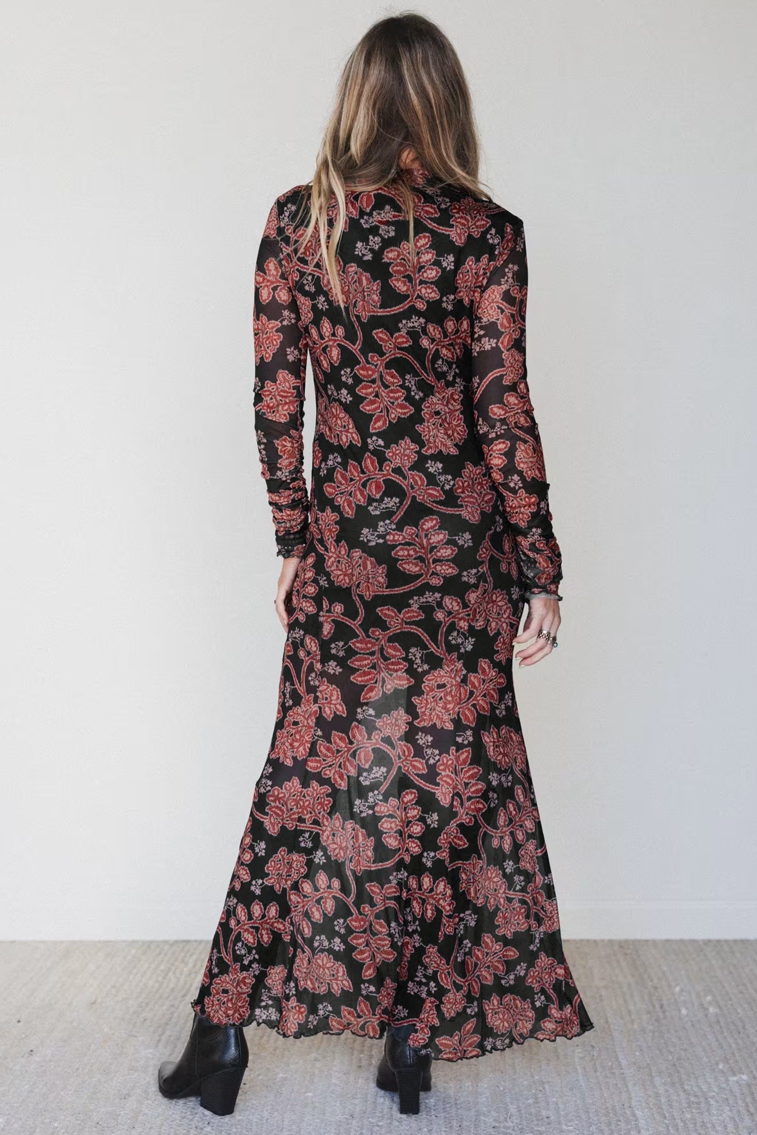 Black Retro Floral Print Long Sleeve Casual Mesh Dress 🇺🇸