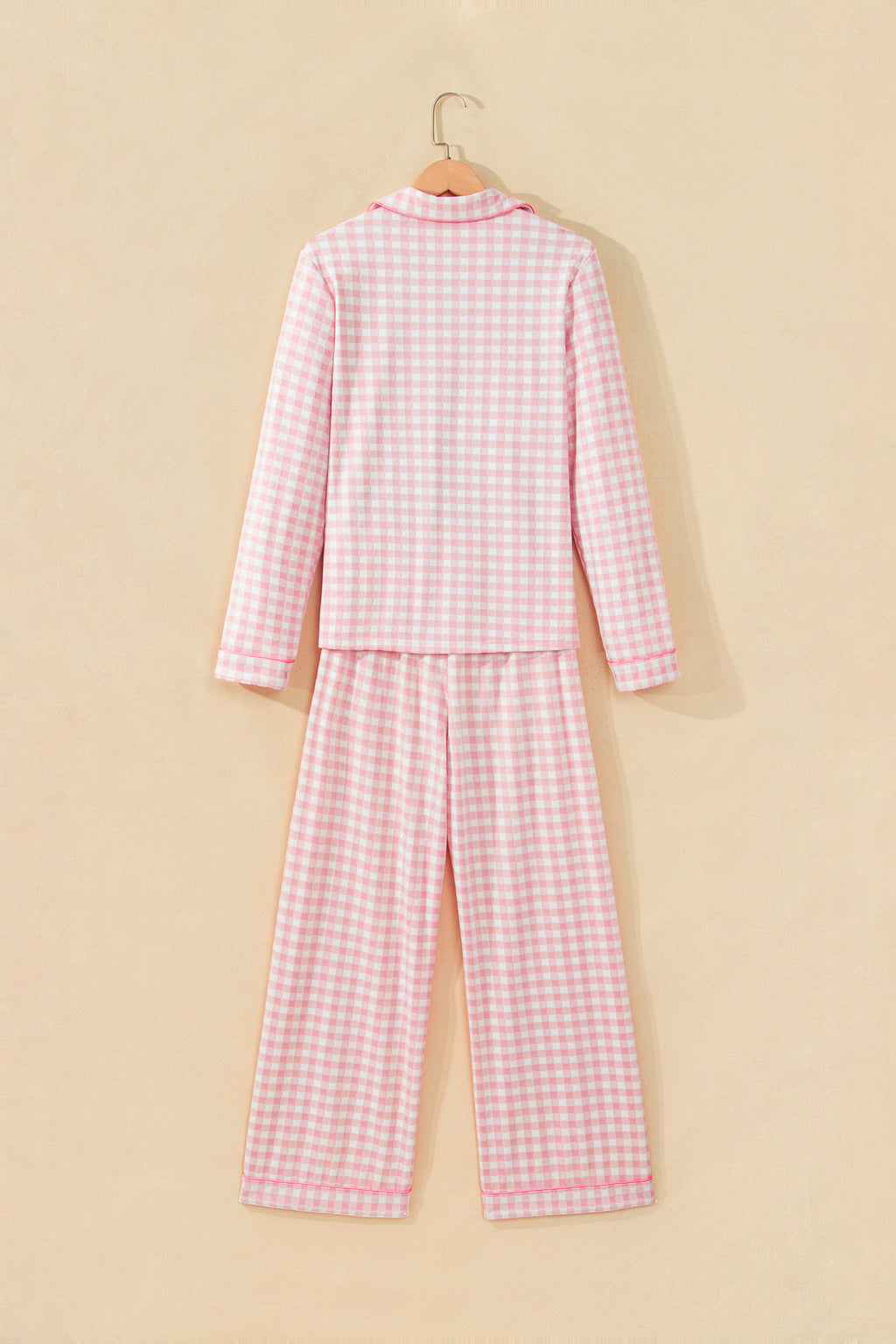 Pink Gingham Long Sleeve Lapel Shirt 2pcs Pajama Pant Set 🇺🇸