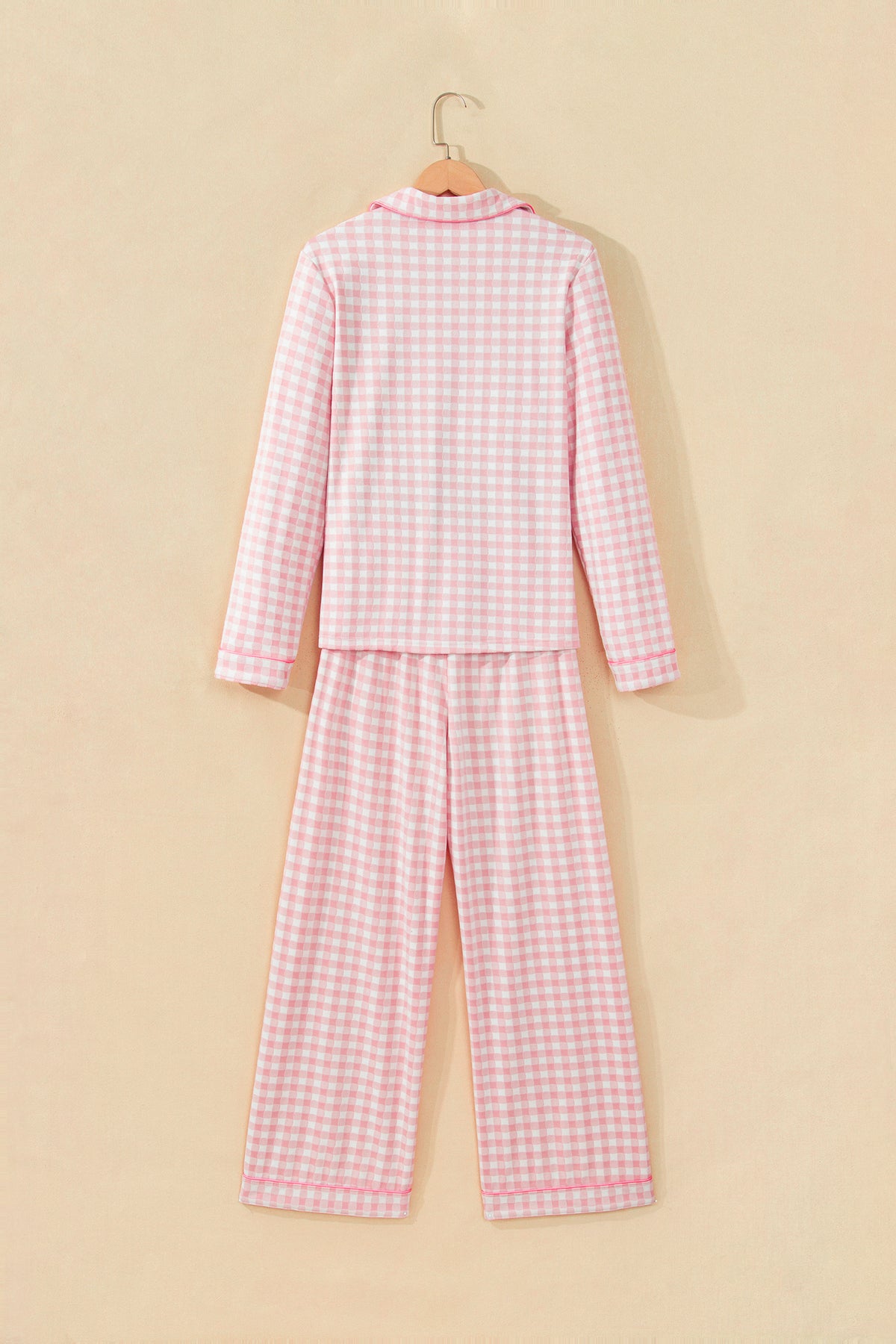 Pink Gingham Long Sleeve Lapel Shirt 2pcs Pajama Pant Set 🇺🇸
