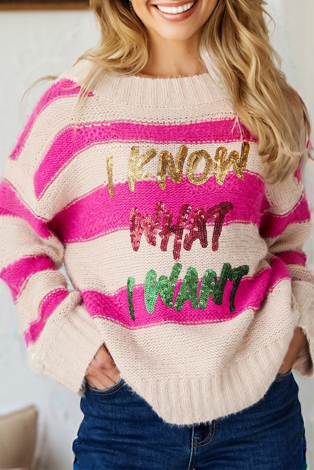 Rose Red I KNOW WHAT I WANT Sequin Letter Graphic Colorblock Loose Sweater 🇺🇸