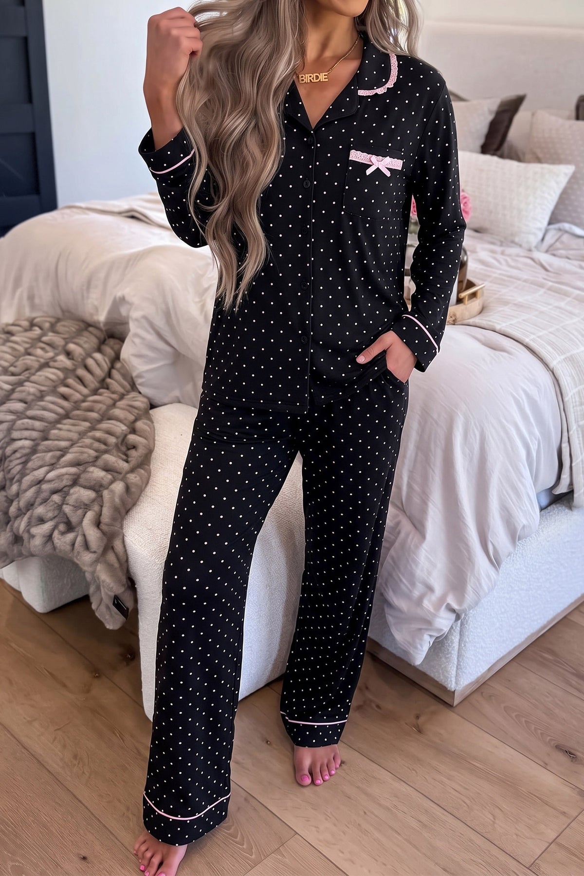 Black Polka Dot Long Sleeve Shirt Lace Detail Two Piece Pajama Pant Set 🇺🇸
