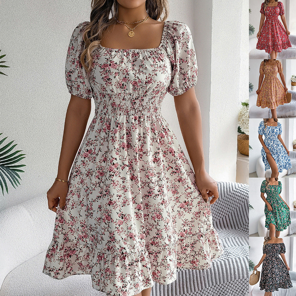 Floral Square Collar Ruffles Dress Women's Clothing 🇨🇳
