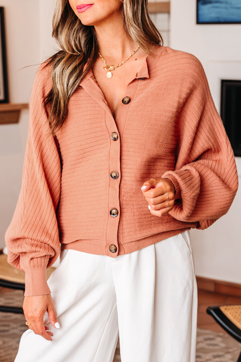 Apricot Pink Wide Rib Knit Button Front Dolman Sleeve Sweater Cardigan 🇺🇲
