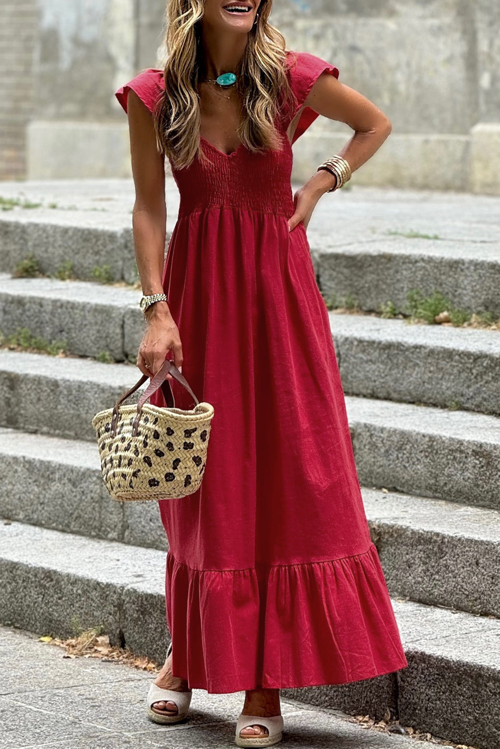 Fiery Red V Neck Flutter Sleeve Smocked Bodice High Waist Ruffle Maxi Dress 🇨🇳