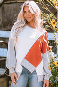 Khaki Colorblock Stitching Irregular Hem Long Sleeve Top 🇺🇸