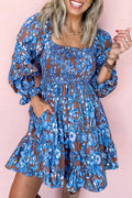 Blue Smocked Bodice High Waist Ruffled Sleeve Floral Dress 🇺🇸