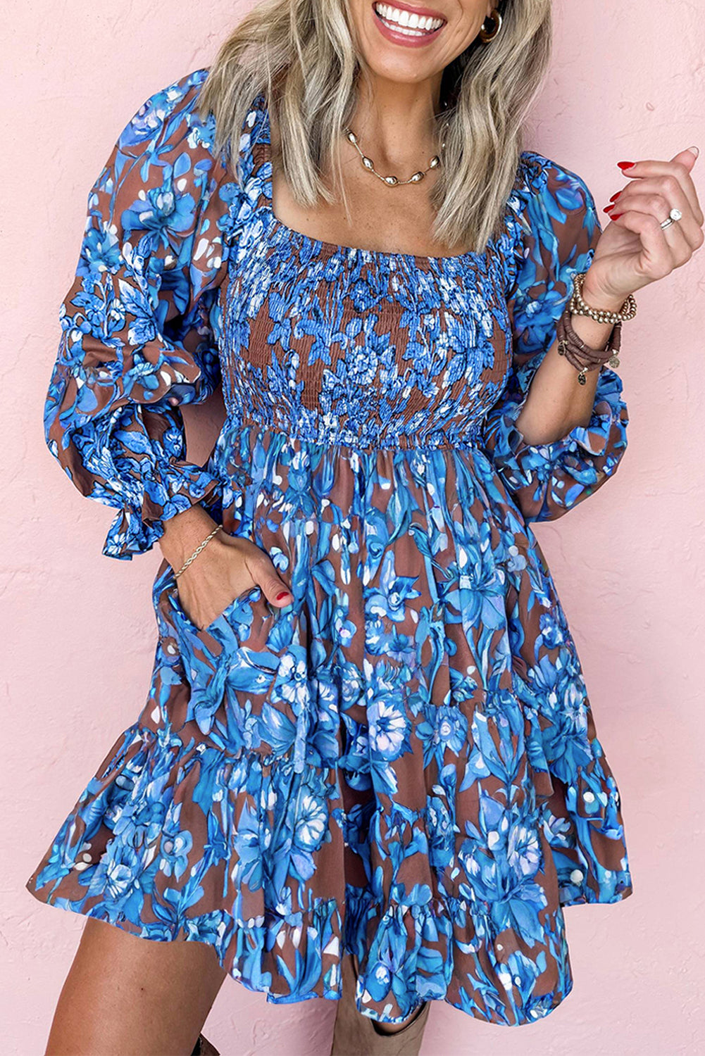 Blue Smocked Bodice High Waist Ruffled Sleeve Floral Dress 🇺🇸