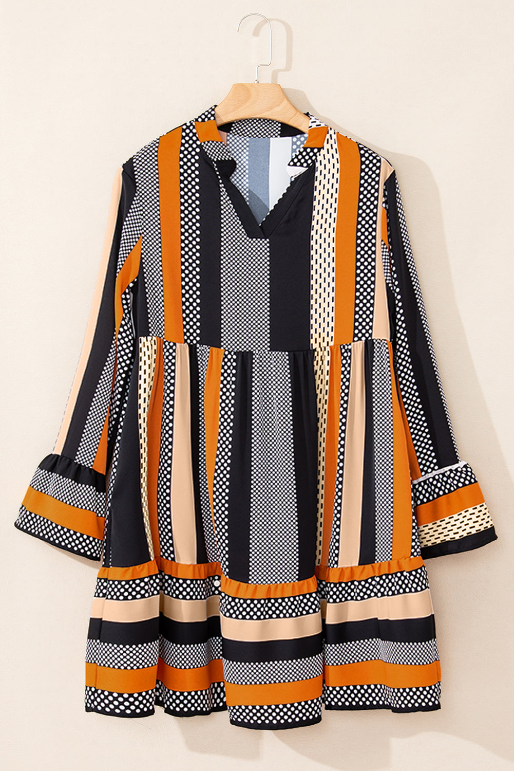 Black Striped Polka Dot Print Ruffled Hem V Neck Mini Dress 🇺🇸