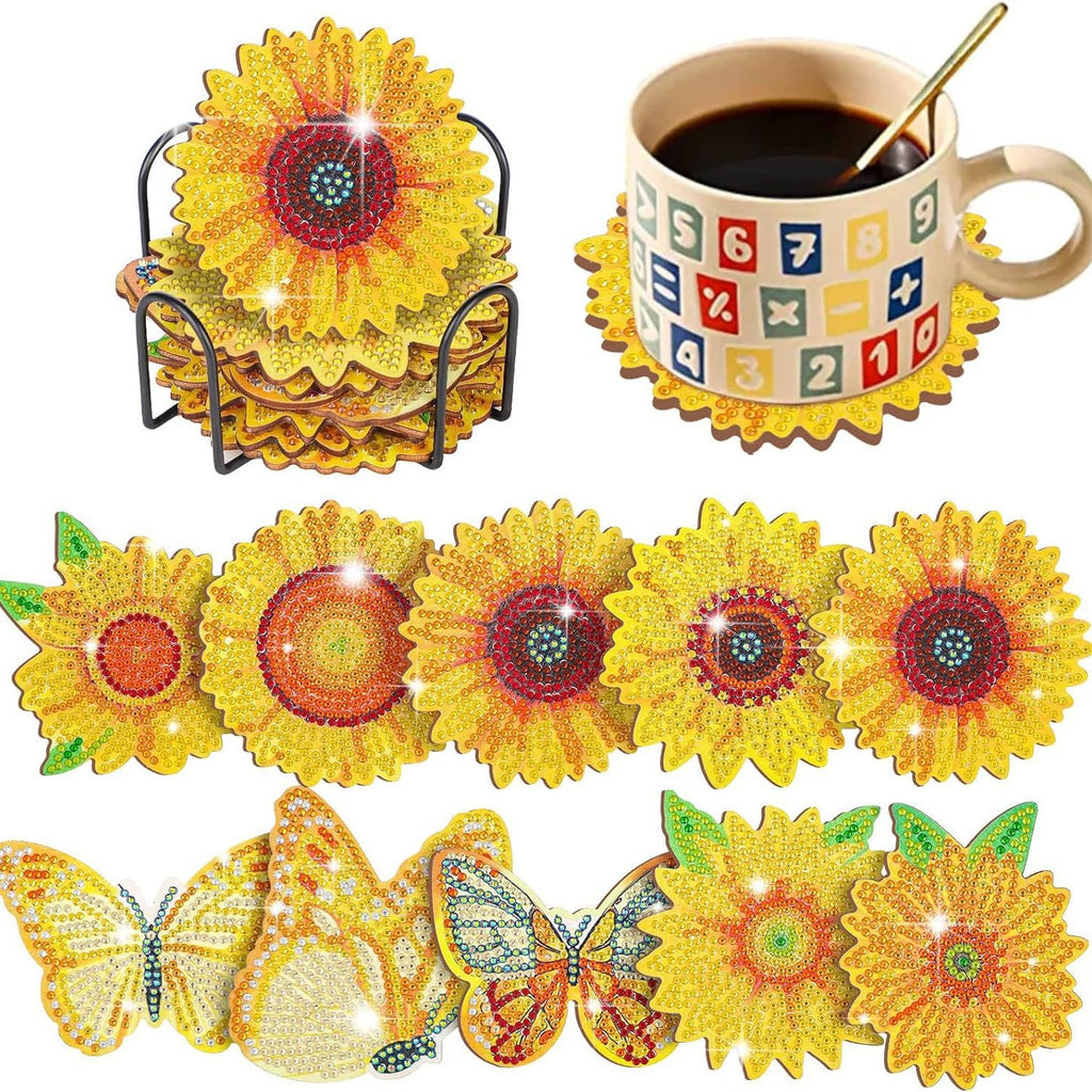 10 Pieces DIY Crystal Glitter Diamond Painted Wooden Art Coaster With Stand Sunflower Style 🇨🇳