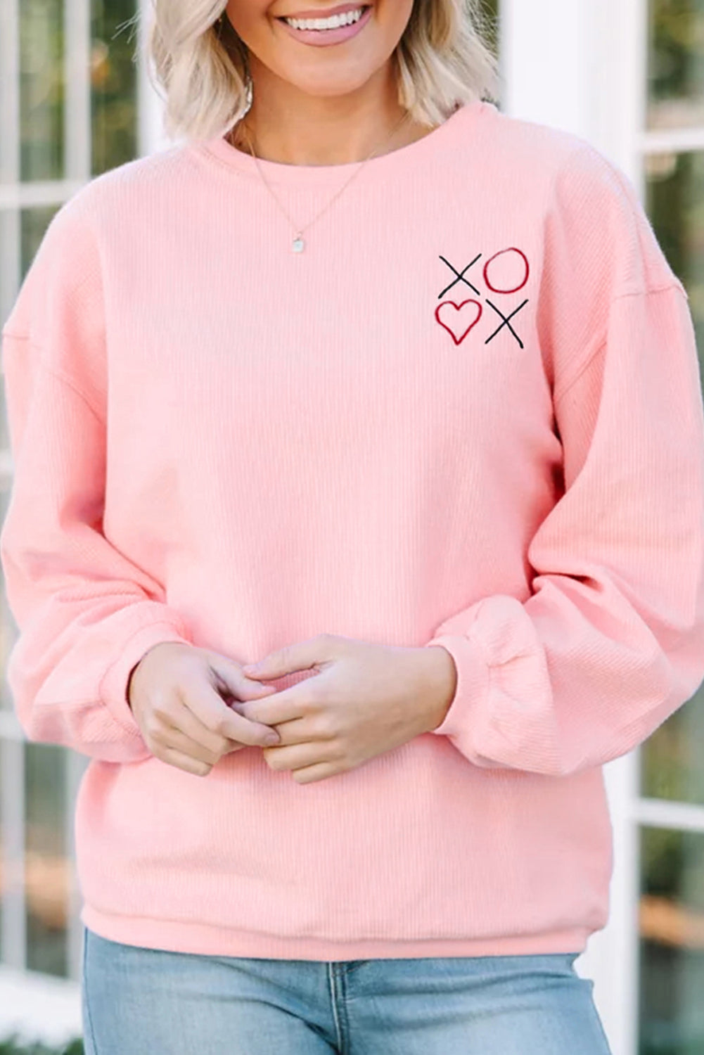 Pink 3d Ribbed XOXO Heart Embroidered Drop Shoulder Sweatshirt 🇺🇸