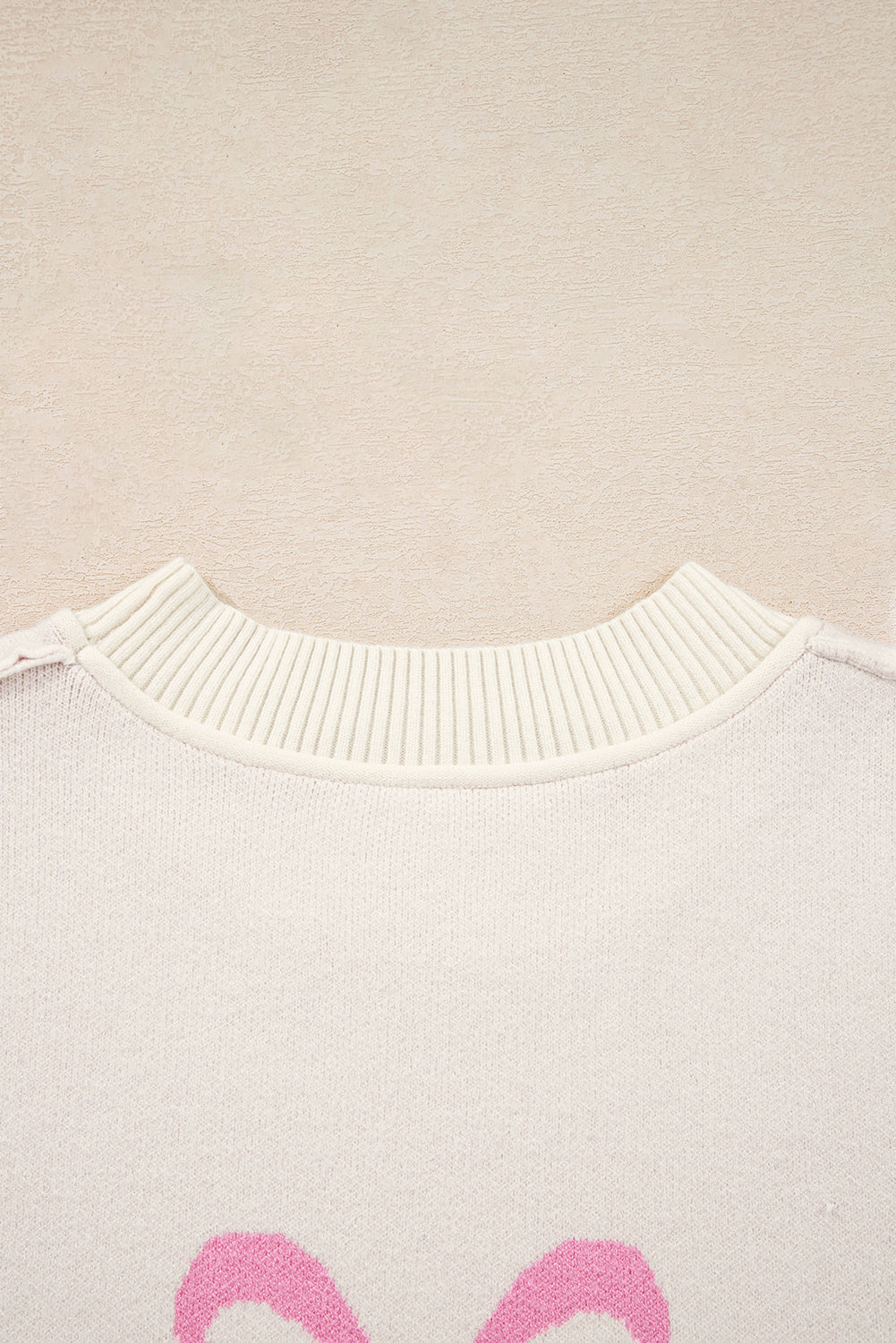 Pink Bow Print Ribbed Trim Exposed Seam Drop Shoulder Loose Sweater 🇺🇸