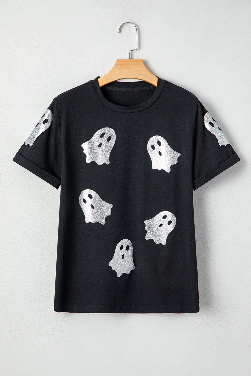 Black Glitter Ghost Pattern Crew Neck Halloween T Shirt 🇺🇸