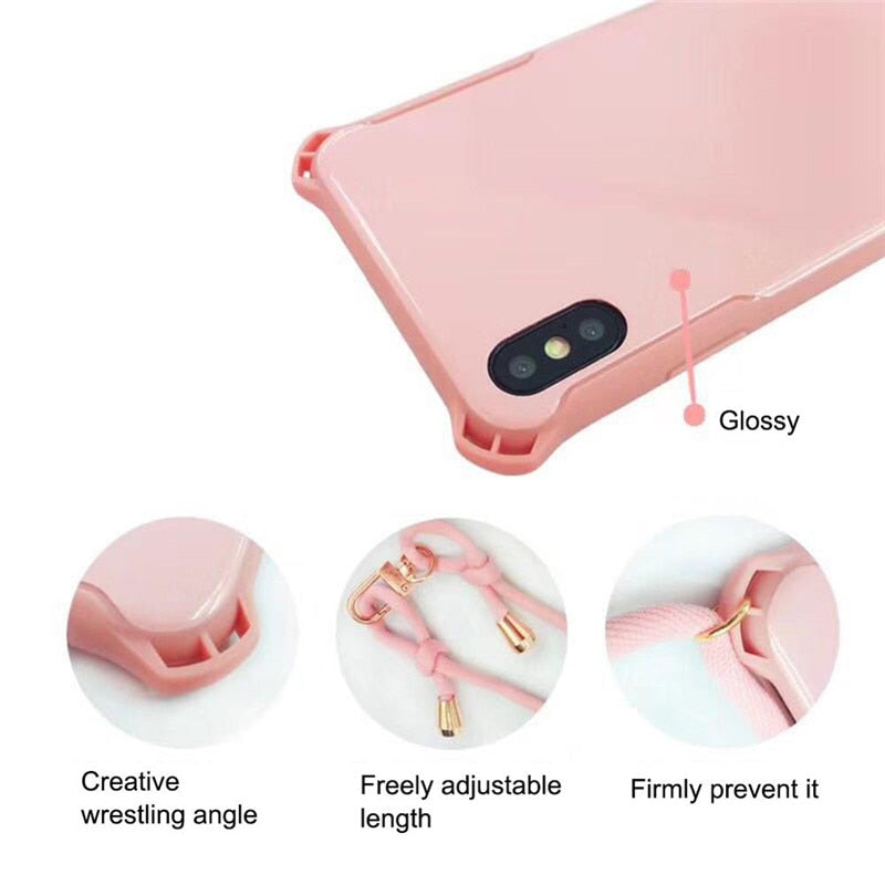 Lanyard Chain Tape Necklace Candy Color Phone Case For iPhone 11 7 8 Plus X XR XS 11Pro Max Airbag Soft TPU Back Shell For Carry 🇨🇳