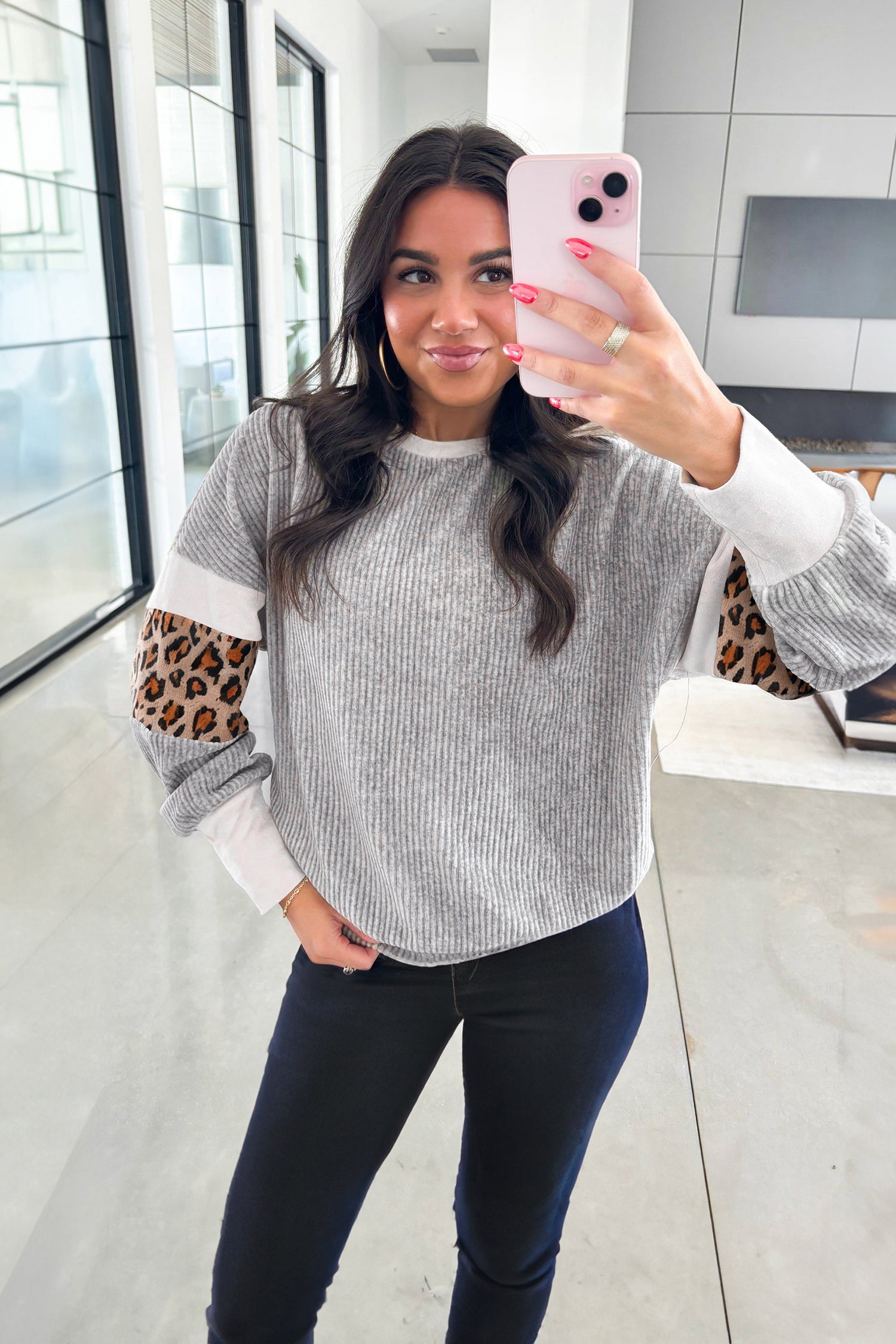 Gray Leopard Print Colorblock Patchwork Ribbed Knit Top 🇺🇸