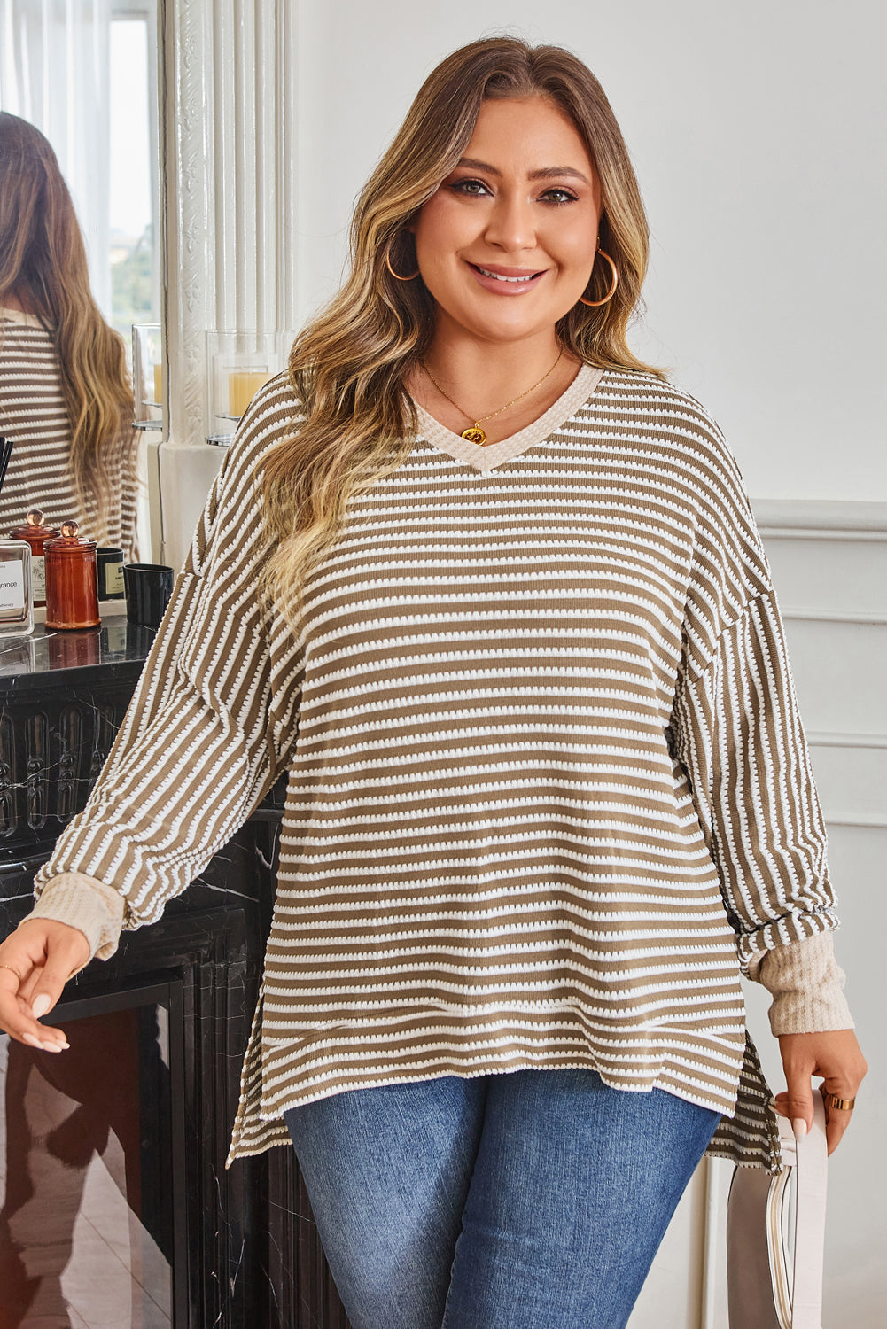 Khaki Stripe Textured Dolman Sleeve High Low Plus Size Top 🇺🇸