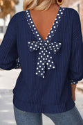Dirty blue Polka Dot Trimmed V Neck Bow Tie Textured Ribbed Top 🇺🇸