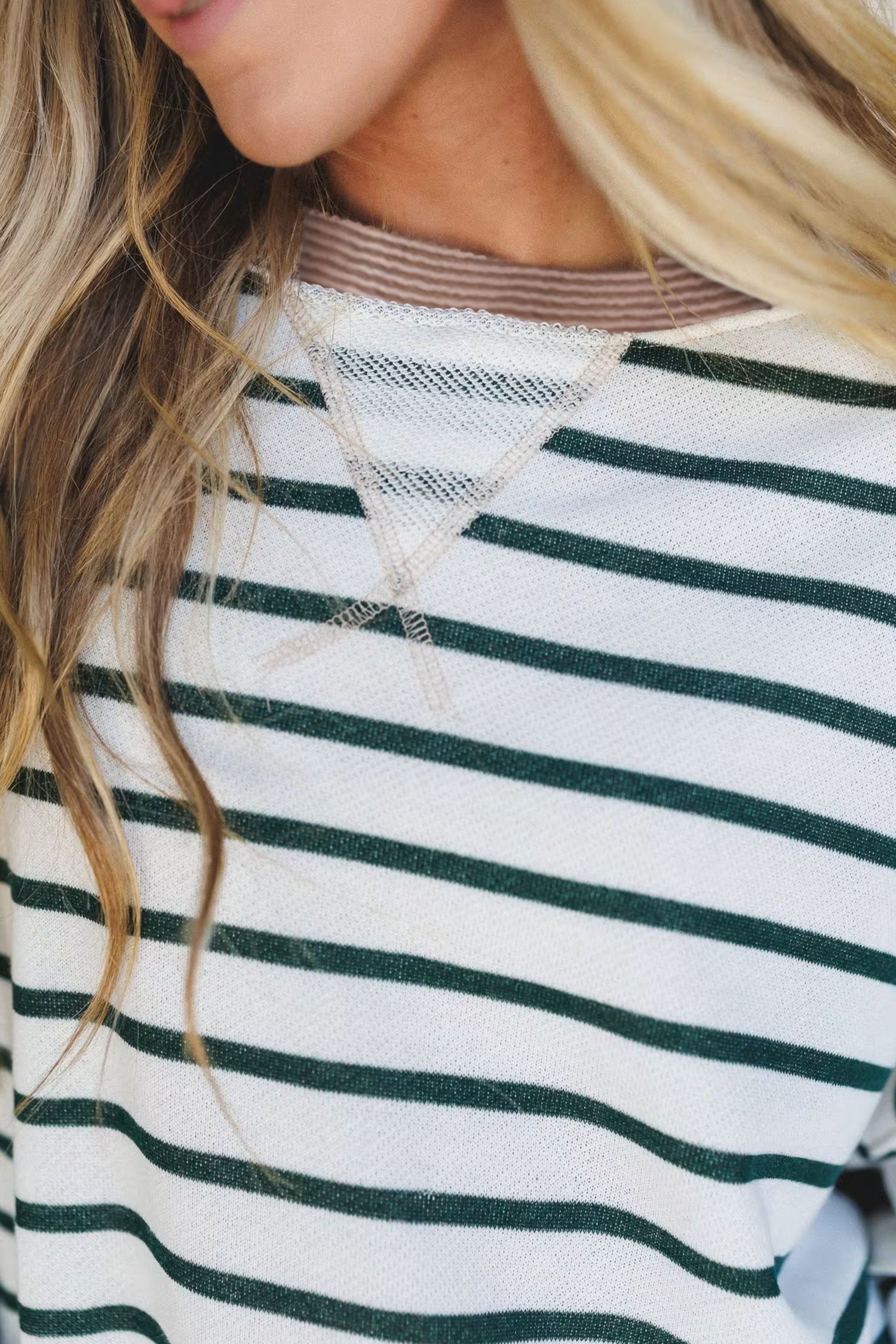 White Stripe Twisted Ribbed Patchwork Drop Shoulder Round Neck Sweatshirt 🇺🇸