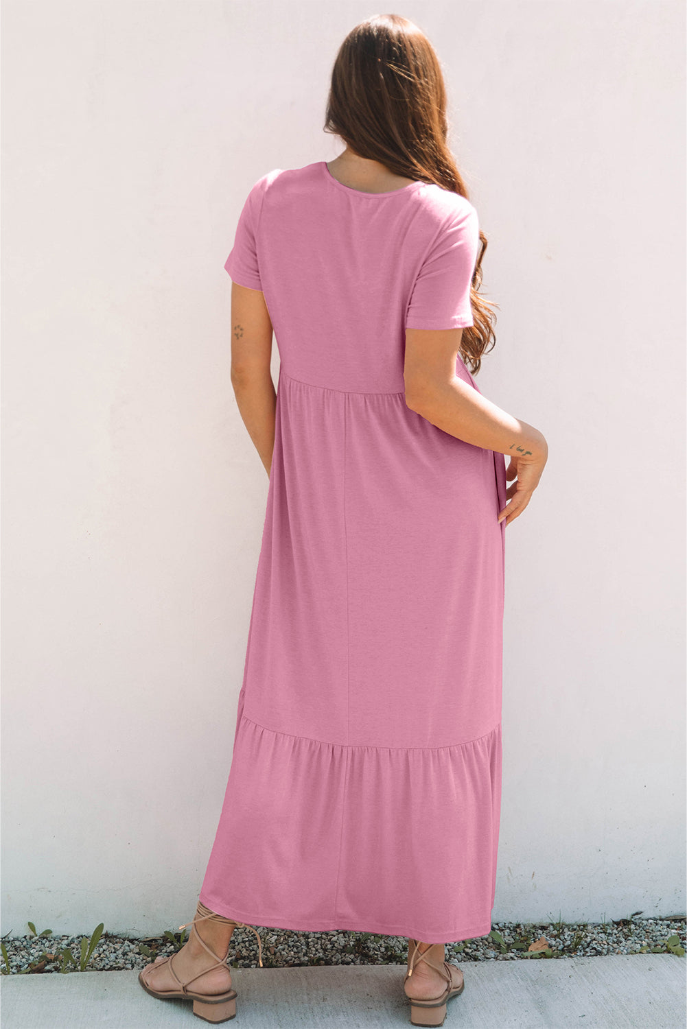 Pink Solid Color T-shirt High Waist Pocketed Long Dress 🇨🇳