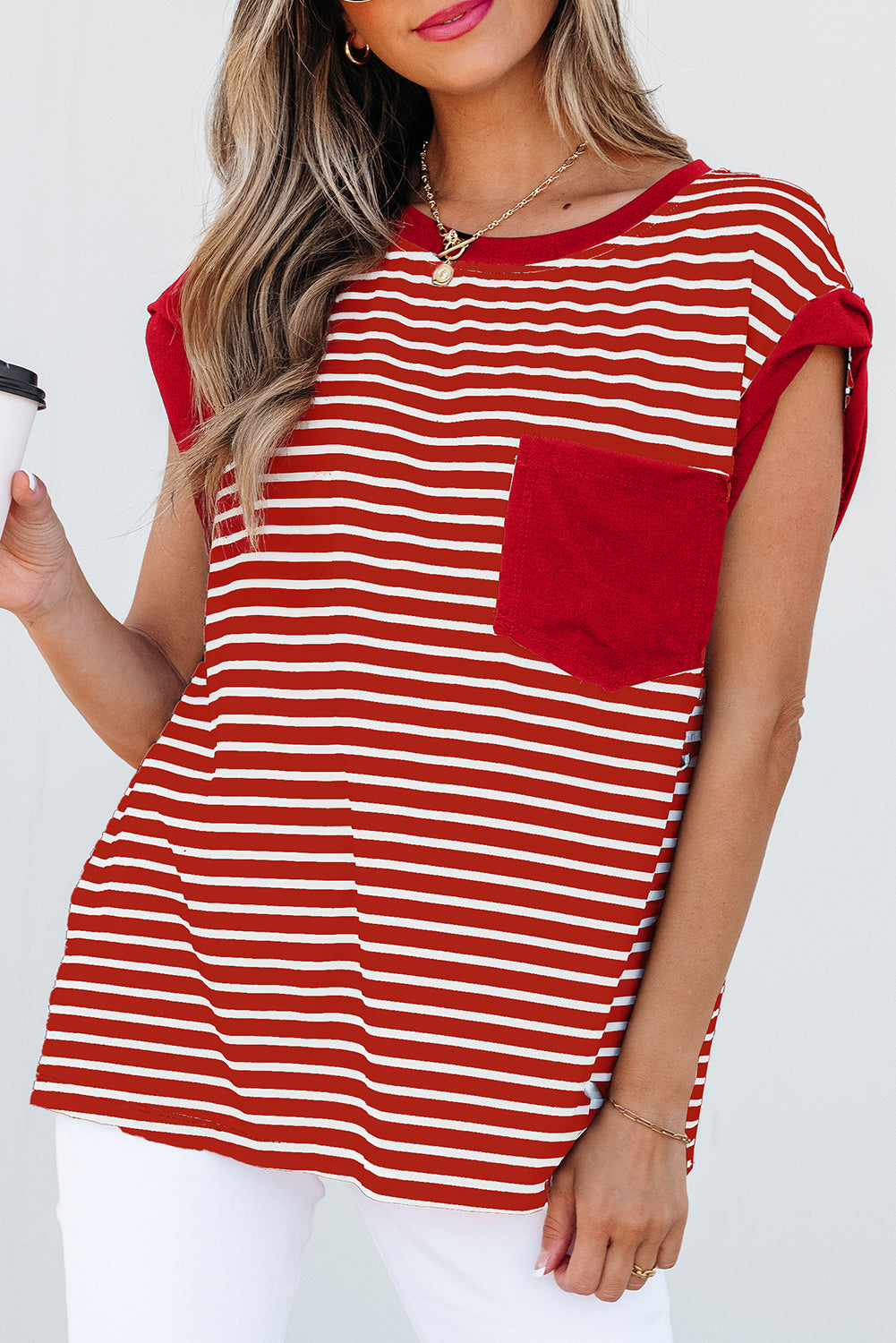 Red Stripe Chest Pocket Patch Round Neck Tank Top 🇨🇳