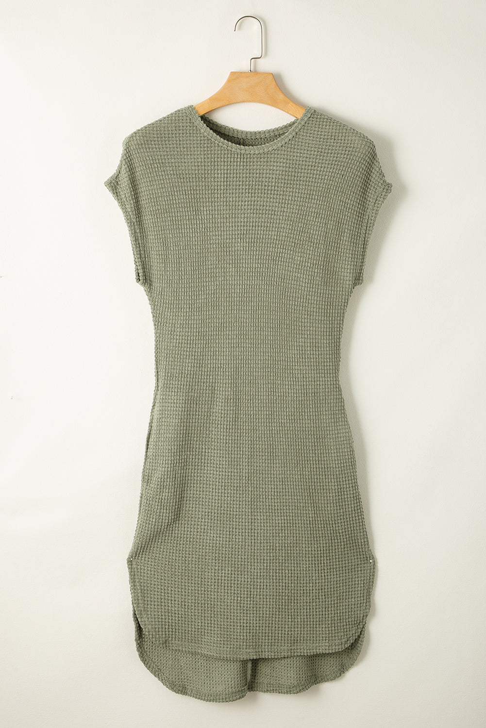 Jungle Green Waffle Texture Curved Hem Side Slit T-shirt Dress 🇨🇳