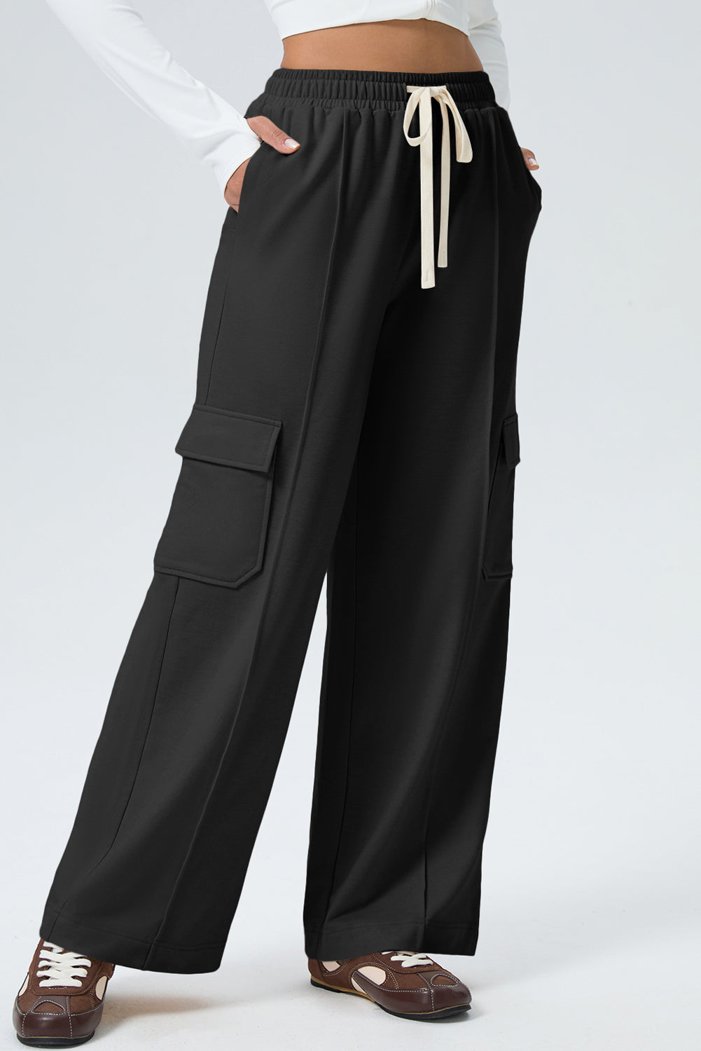 Black Solid Color Drawstring Elastic Waist Cargo Patch Pocket Active Pants 🇺🇸