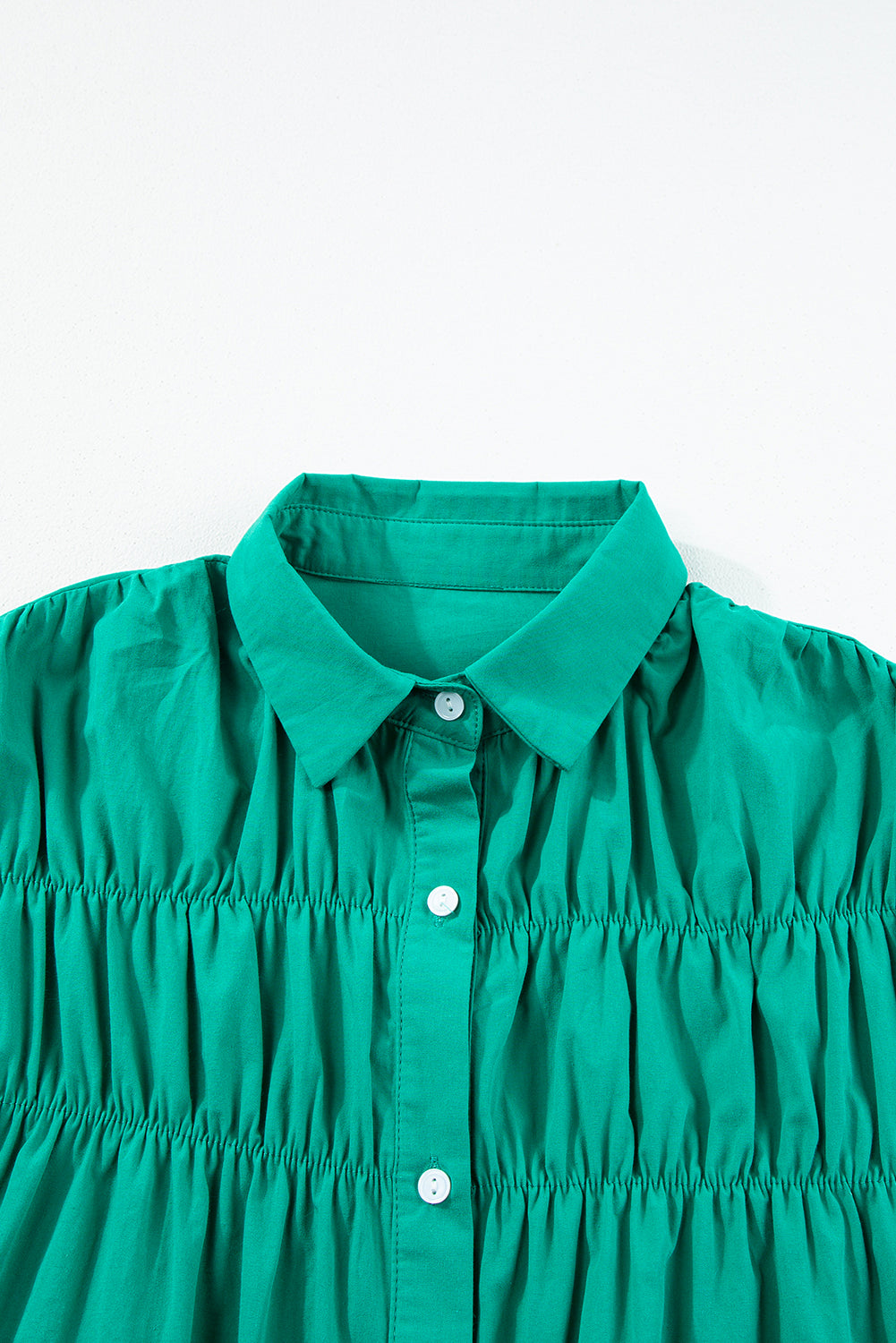 Bright Green Shirred Ruffle Sleeve Button Up Short Dress 🇨🇳