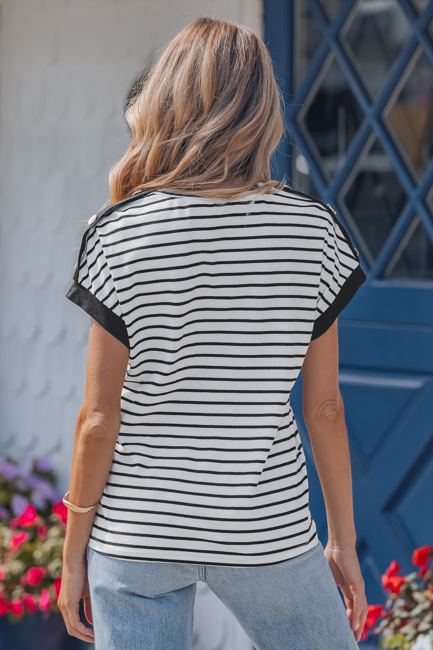 Black Stripe Cuffed Sleeve Button Detail Loose Tee 🇺🇸