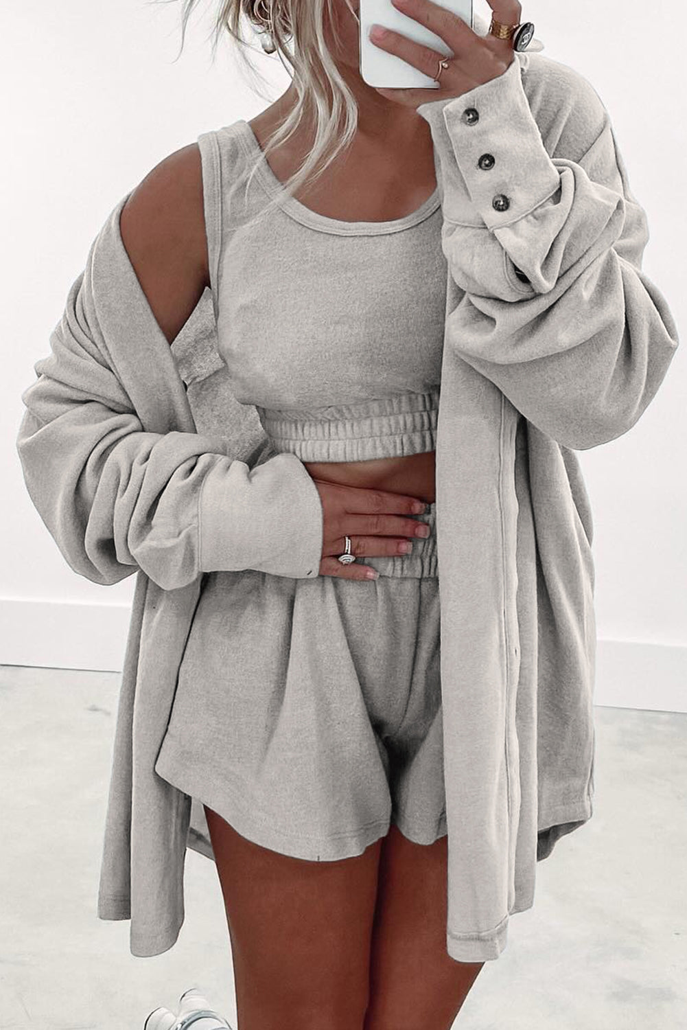 Gray 3 Pcs Crop Tank Top Shorts with Cardigan Lounge Set 🇨🇳