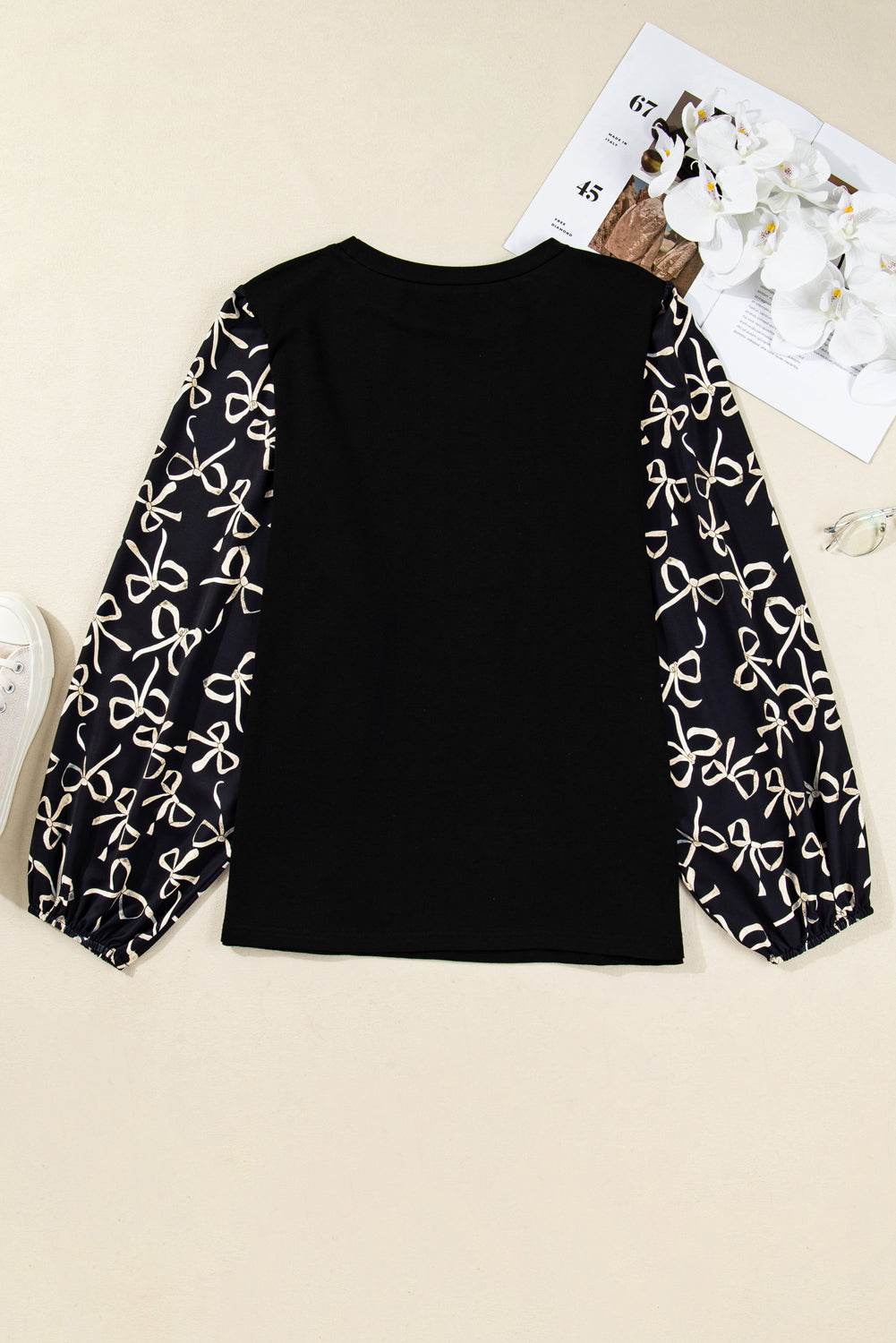Black Bow Knot Patchwork Crewneck Plus Size Blouse 🇺🇸