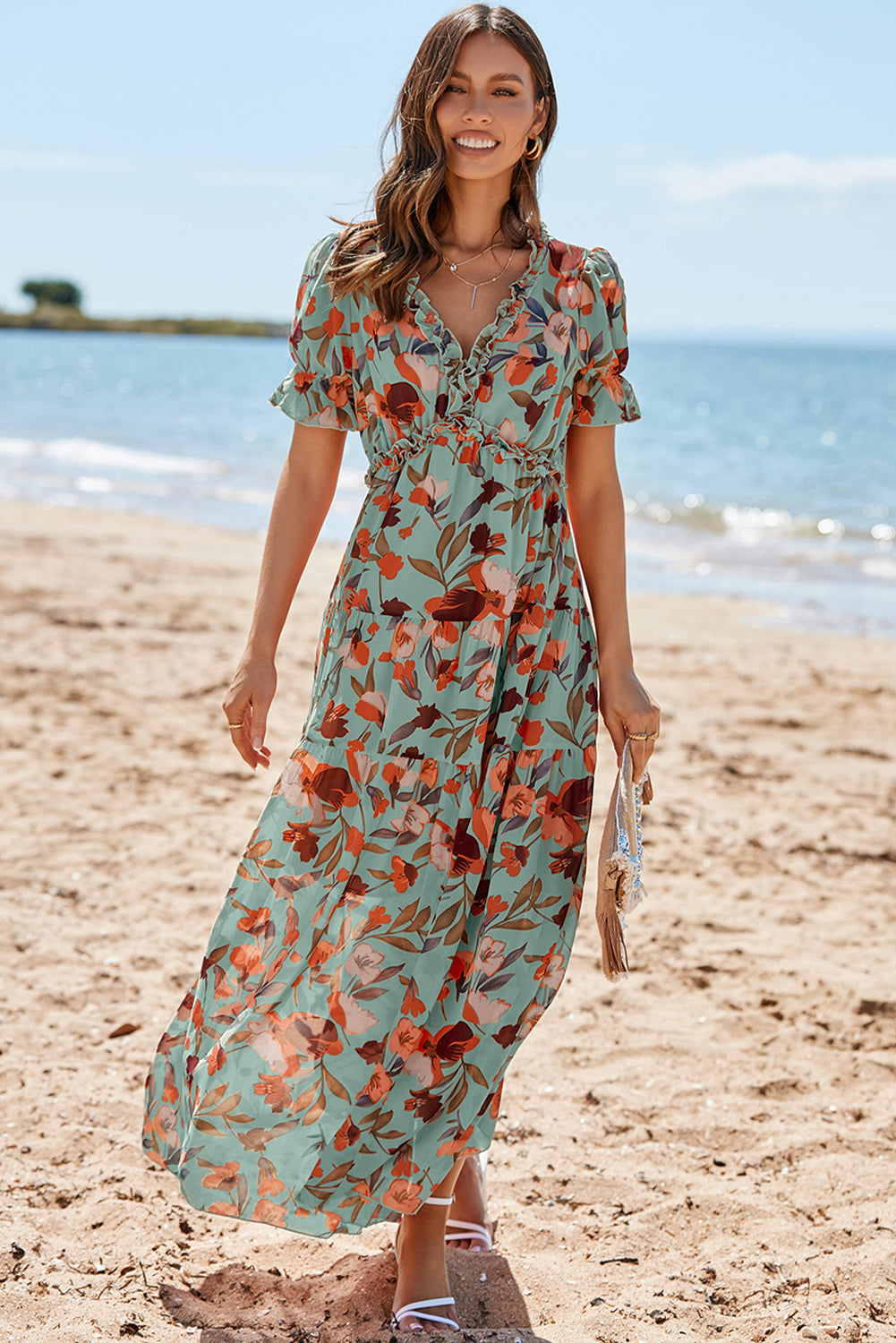 Green Fiery Floral Print Frilled V Neck Short Sleeve Maxi Dress 🇺🇸
